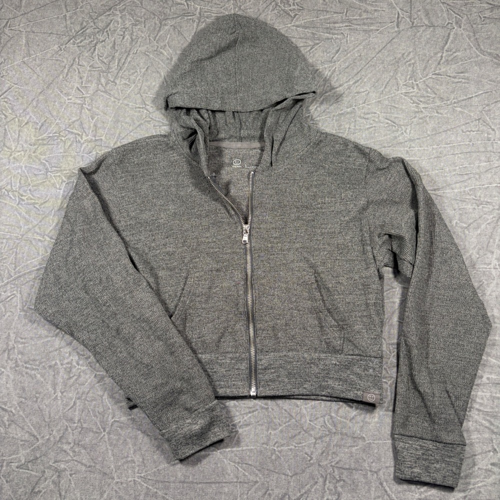 Gilly Hicks Hoodie Womens L Grey Full Zip Cropped Waffle Knit Loungewear Jacket